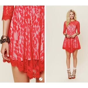 Free People Hot Red Floral Mesh Lace Dress XS Extra Small